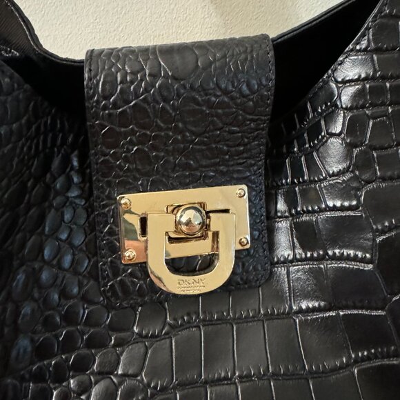NWT DKNY Black Crocodile Embossed Leather Hobo Bag - Picture 8 of 14